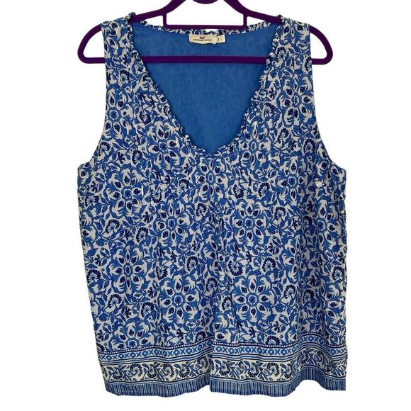 Vineyard Vines Sz L Katama Tile Blue Scarf Pintuck Top Blouse Coastal Boho - Picture 1 of 16